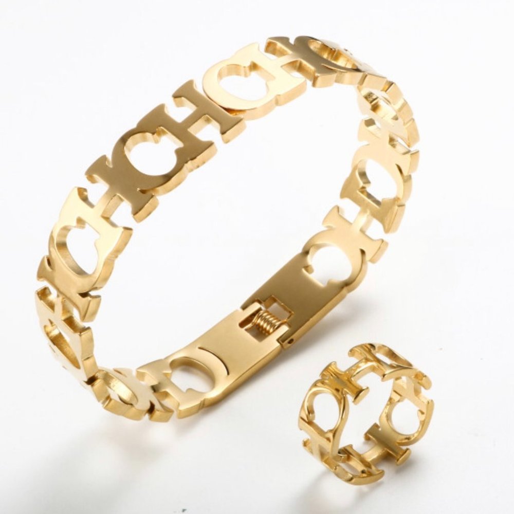 Set Bracelet and Ring Hollow CH letter / opening cuff Bangle Bracelet / Ring 7